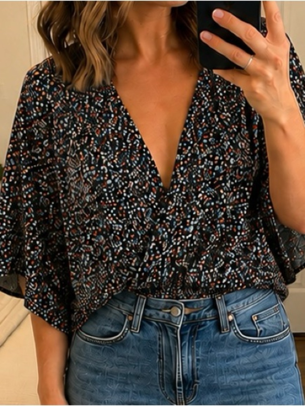 Willow & Root Navy Floral Surplice Blouse Size Small
